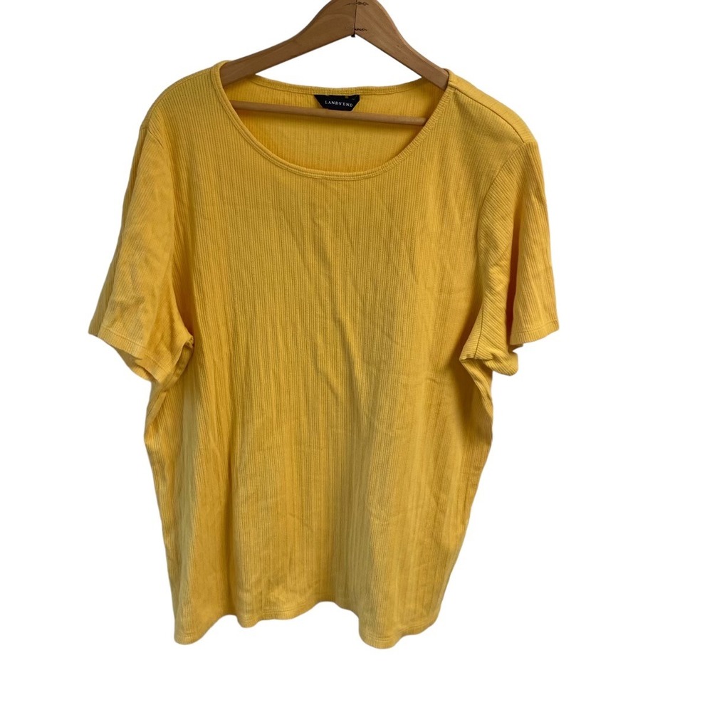 Lands End Ribbed T-Shirt Womens XL Yellow Short Sleeve Scoop Neck Relaxed Fit